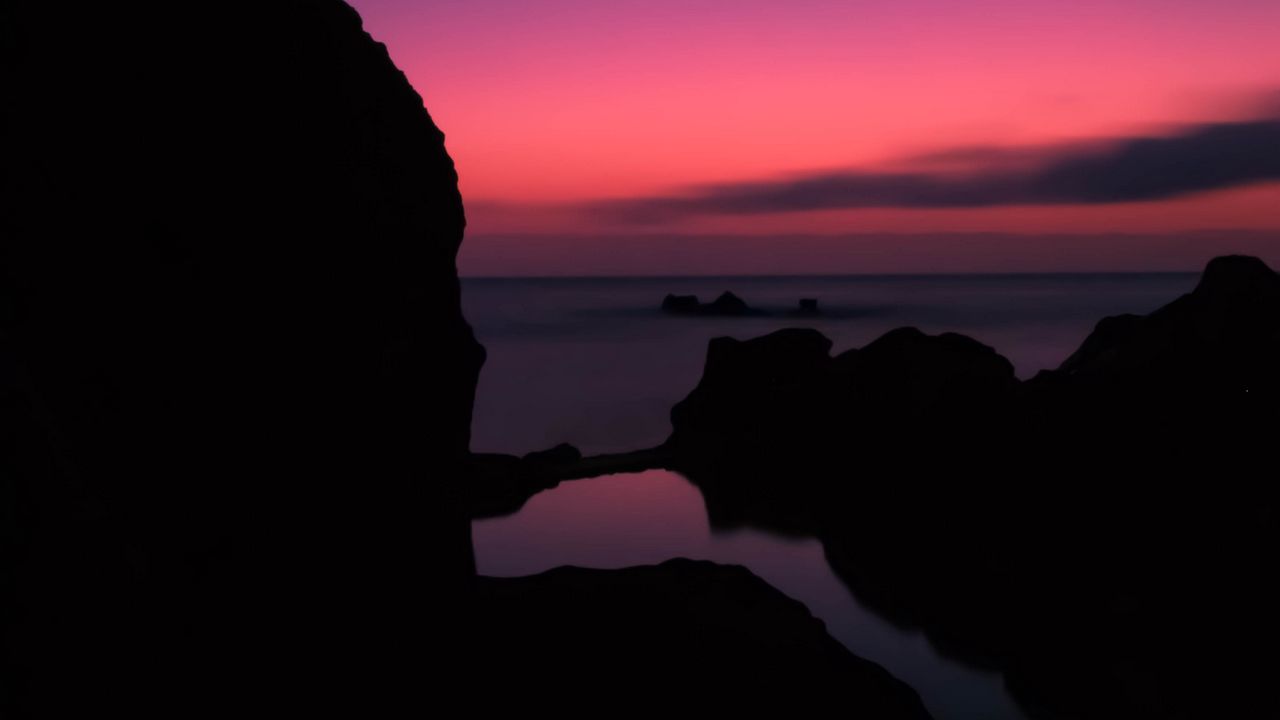 Wallpaper rocks, sunset, sea, horizon, sky
