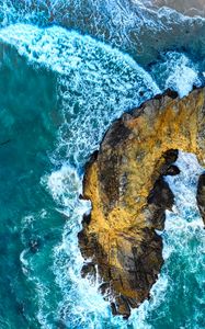 Preview wallpaper rocks, surf, aerial view, waves, ocean, shore