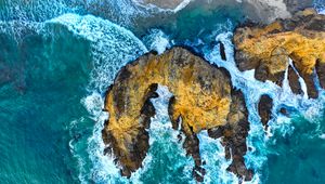 Preview wallpaper rocks, surf, aerial view, waves, ocean, shore