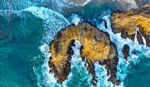 Preview wallpaper rocks, surf, aerial view, waves, ocean, shore