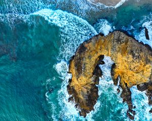 Preview wallpaper rocks, surf, aerial view, waves, ocean, shore