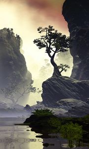 Preview wallpaper rocks, tree, art, lake, fog