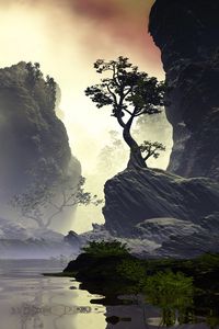 Preview wallpaper rocks, tree, art, lake, fog