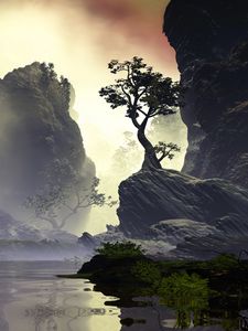 Preview wallpaper rocks, tree, art, lake, fog