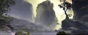 Preview wallpaper rocks, tree, art, lake, fog