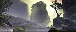 Preview wallpaper rocks, tree, art, lake, fog