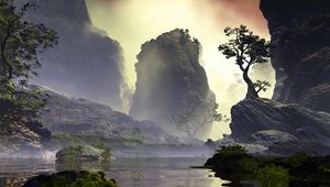 Preview wallpaper rocks, tree, art, lake, fog
