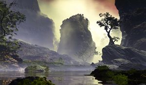 Preview wallpaper rocks, tree, art, lake, fog