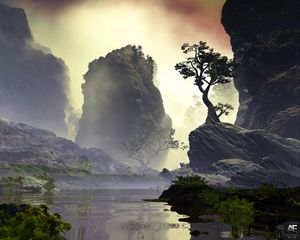 Preview wallpaper rocks, tree, art, lake, fog