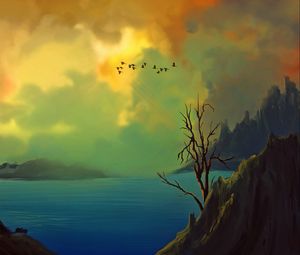 Preview wallpaper rocks, tree, birds, water, art