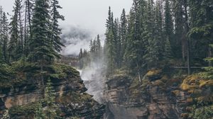 Preview wallpaper rocks, trees, fog, landscape, nature