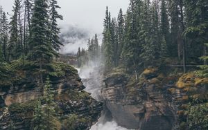 Preview wallpaper rocks, trees, fog, landscape, nature