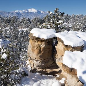 Preview wallpaper rocks, trees, forest, snow, winter, nature