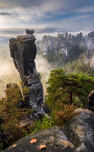 Preview wallpaper rocks, trees, forest, fog, nature, aerial view