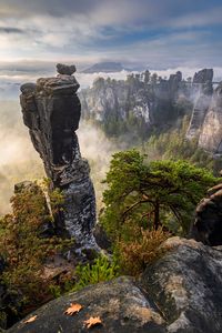 Preview wallpaper rocks, trees, forest, fog, nature, aerial view