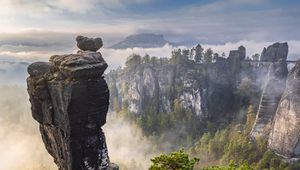 Preview wallpaper rocks, trees, forest, fog, nature, aerial view