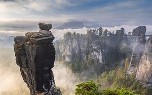 Preview wallpaper rocks, trees, forest, fog, nature, aerial view