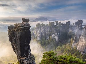 Preview wallpaper rocks, trees, forest, fog, nature, aerial view