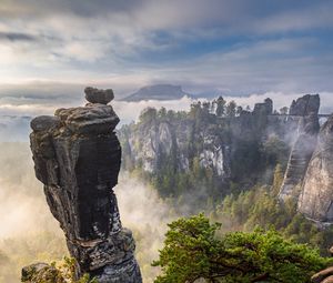 Preview wallpaper rocks, trees, forest, fog, nature, aerial view