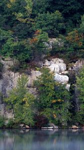 Preview wallpaper rocks, trees, lake, vegetation, water smooth surface