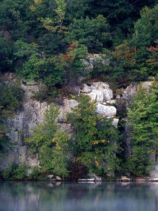 Preview wallpaper rocks, trees, lake, vegetation, water smooth surface