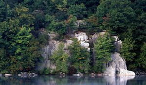 Preview wallpaper rocks, trees, lake, vegetation, water smooth surface