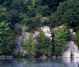 Preview wallpaper rocks, trees, lake, vegetation, water smooth surface