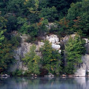 Preview wallpaper rocks, trees, lake, vegetation, water smooth surface