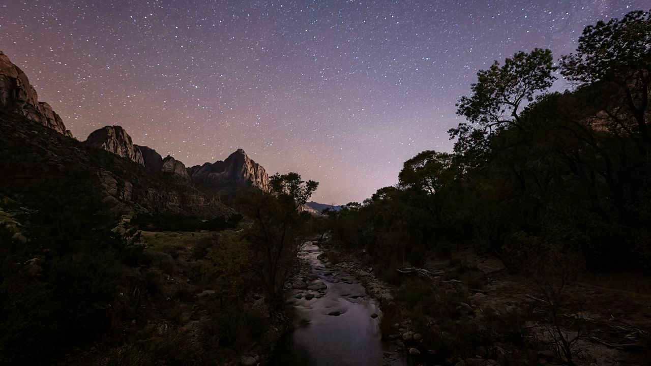 Wallpaper rocks, trees, river, stars, sky, night, landscape