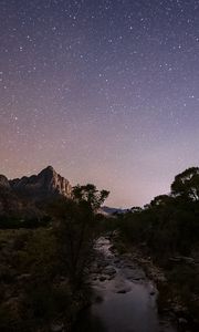 Preview wallpaper rocks, trees, river, stars, sky, night, landscape
