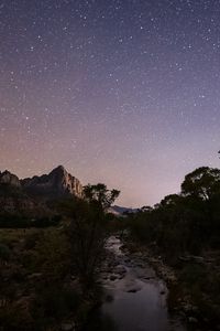 Preview wallpaper rocks, trees, river, stars, sky, night, landscape