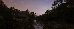 Preview wallpaper rocks, trees, river, stars, sky, night, landscape