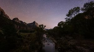 Preview wallpaper rocks, trees, river, stars, sky, night, landscape