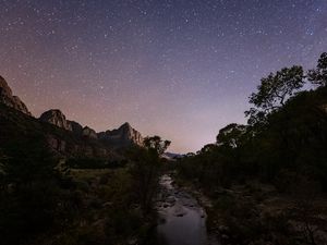 Preview wallpaper rocks, trees, river, stars, sky, night, landscape