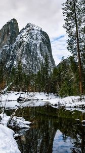 Preview wallpaper rocks, trees, river, snow, nature