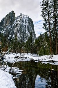 Preview wallpaper rocks, trees, river, snow, nature