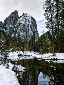 Preview wallpaper rocks, trees, river, snow, nature
