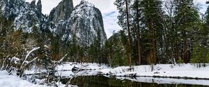 Preview wallpaper rocks, trees, river, snow, nature