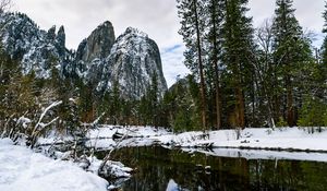 Preview wallpaper rocks, trees, river, snow, nature