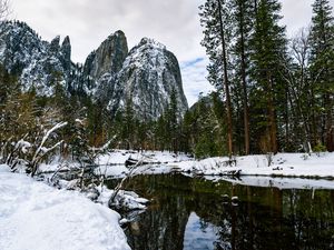 Preview wallpaper rocks, trees, river, snow, nature