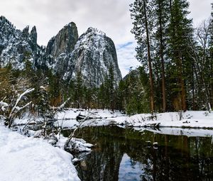 Preview wallpaper rocks, trees, river, snow, nature