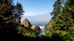 Preview wallpaper rocks, trees, sea, water, landscape
