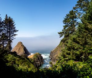 Preview wallpaper rocks, trees, sea, water, landscape