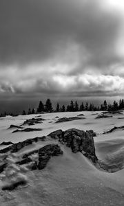 Preview wallpaper rocks, trees, snow, winter, landscape, black and white