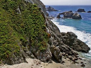 Preview wallpaper rocks, vegetation, greens, coast, sea