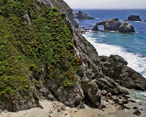 Preview wallpaper rocks, vegetation, greens, coast, sea