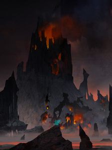 Preview wallpaper rocks, volcano, silhouette, traveler, fantasy, art