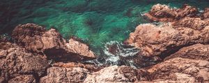 Preview wallpaper rocks, water, aerial view, coast, sea