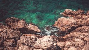 Preview wallpaper rocks, water, aerial view, coast, sea