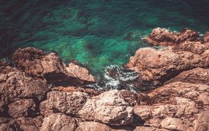 Preview wallpaper rocks, water, aerial view, coast, sea